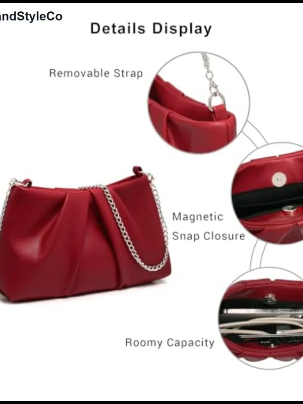 Elegant Pleated Evening Bag Vegan Leather Clutch with 2 Detachable Chain Straps